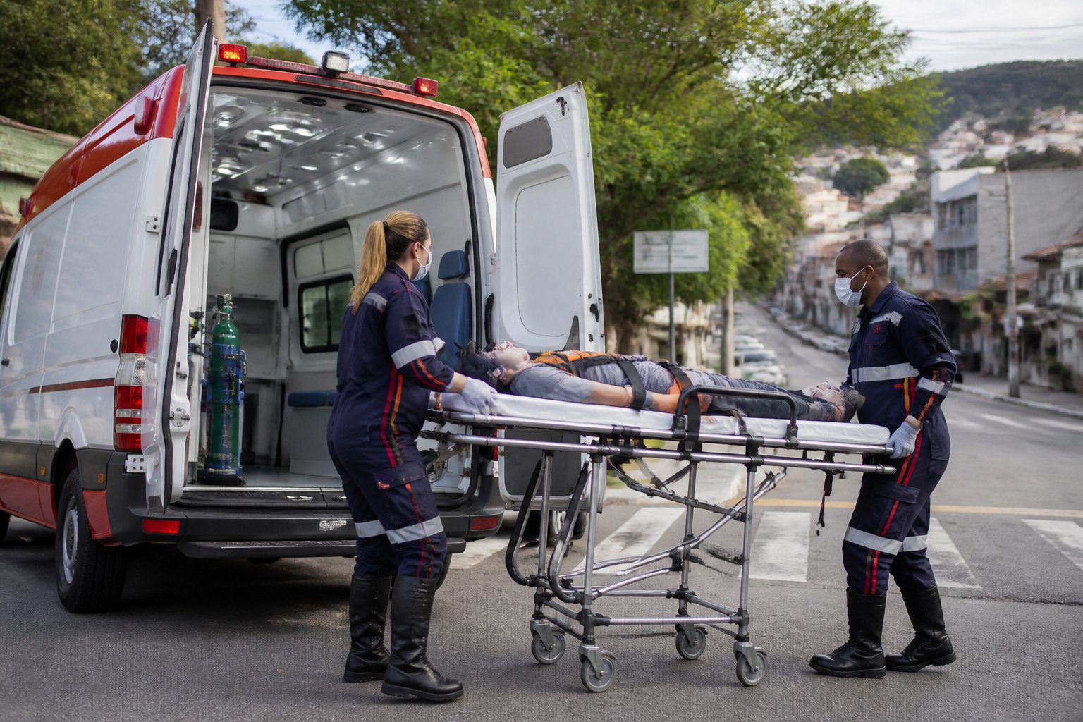 Ambulância estacionada na rua em Cantagalo com paramédicos atendendo um paciente em uma maca.