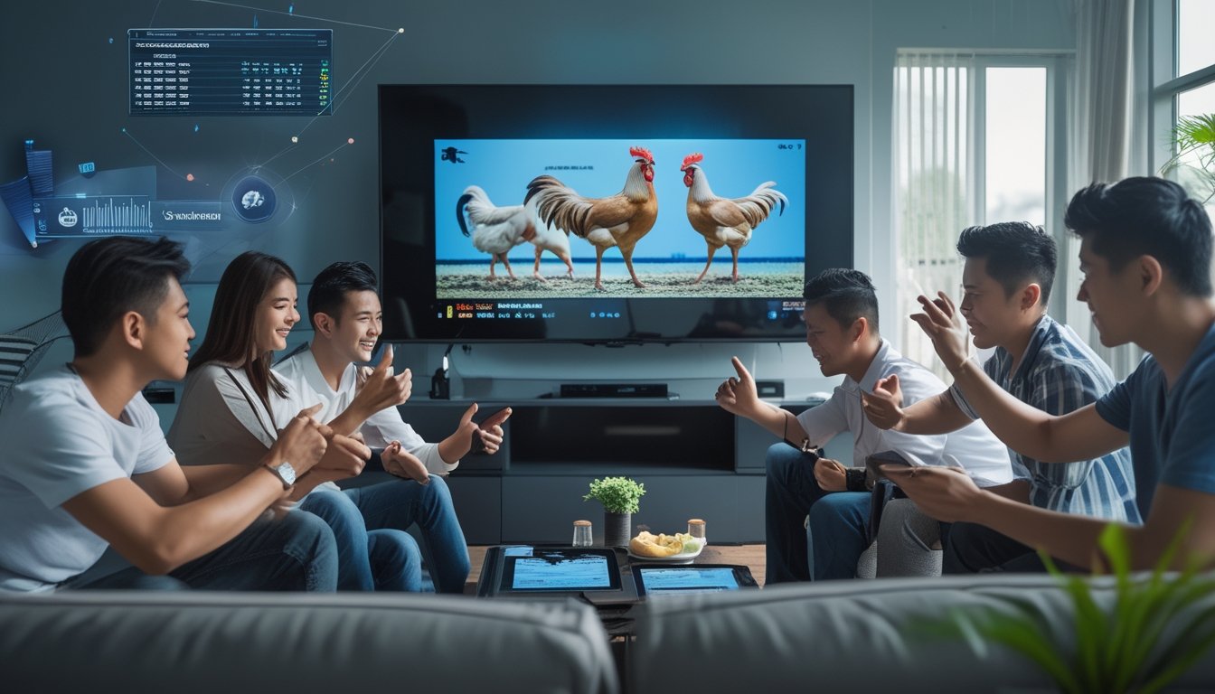 Sekelompok orang muda menonton pertandingan sabung ayam di televisi dengan perangkat digital di sekitar mereka di ruang tamu.