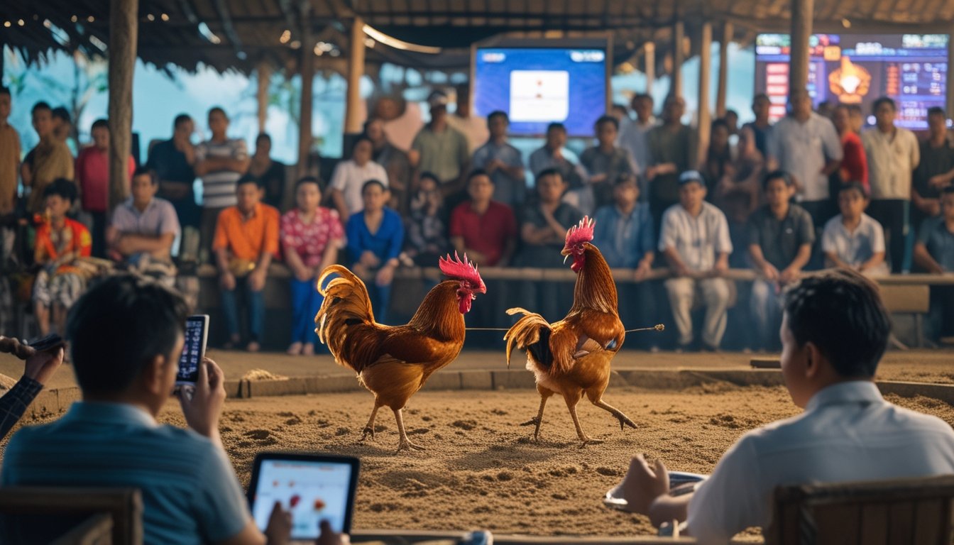 Arena sabung ayam dengan dua ayam jago bertarung di tengah kerumunan orang yang menggunakan ponsel dan tablet, menunjukkan perpaduan antara tradisi dan teknologi modern.