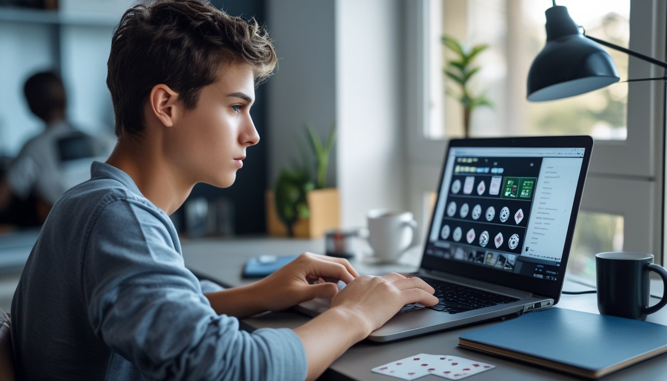 Seseorang duduk di meja dengan laptop, bermain poker online dengan chip dan kartu di sekitarnya.