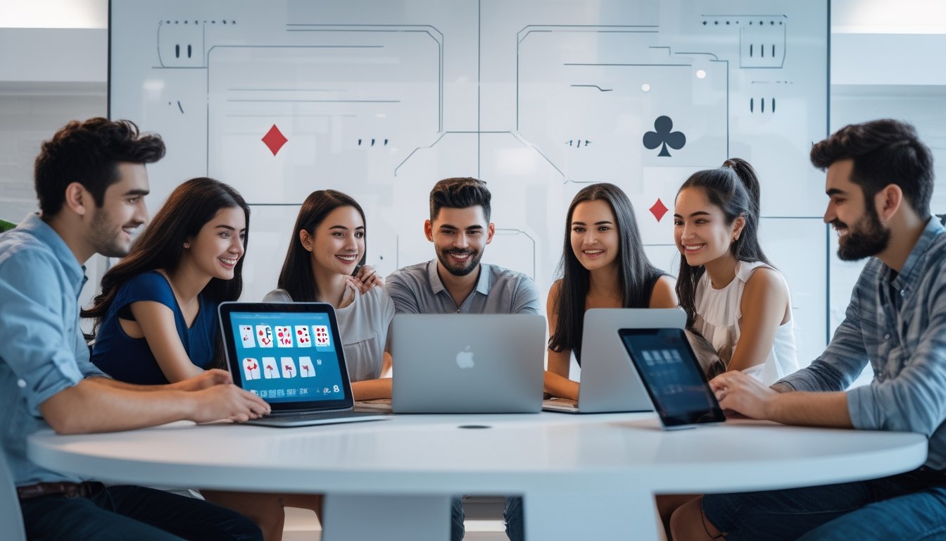 Sekelompok orang muda sedang bermain poker online menggunakan laptop dan tablet di meja yang terang dan modern.