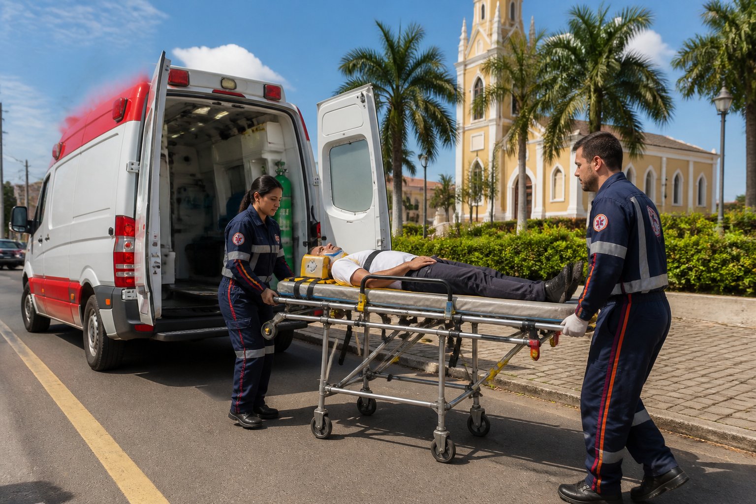 Ambulância estacionada na rua de Laranjeiras do Sul com paramédicos atendendo um paciente em uma maca.