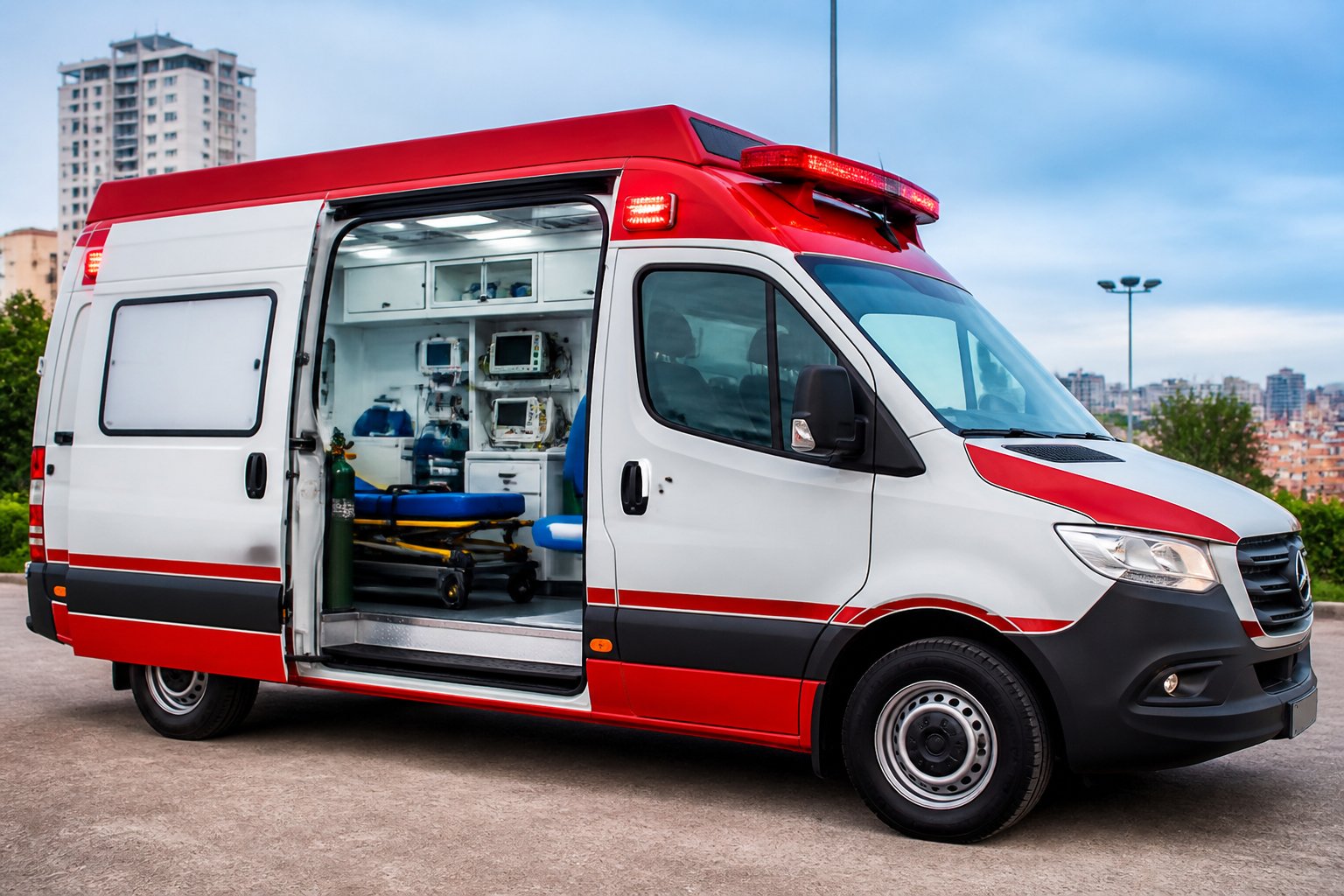 Ambulância moderna do tipo UTI estacionada em área urbana de Laranjeiras do Sul, com equipamentos médicos visíveis pela porta aberta.
