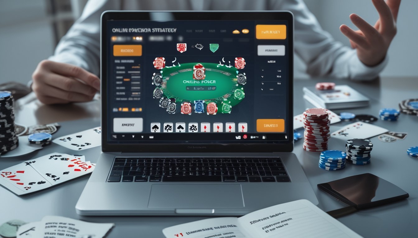 Meja kerja dengan laptop yang menampilkan permainan poker online, chip poker, kartu, dan catatan strategi, dengan tangan seseorang yang sedang menganalisis kartu dan chip.