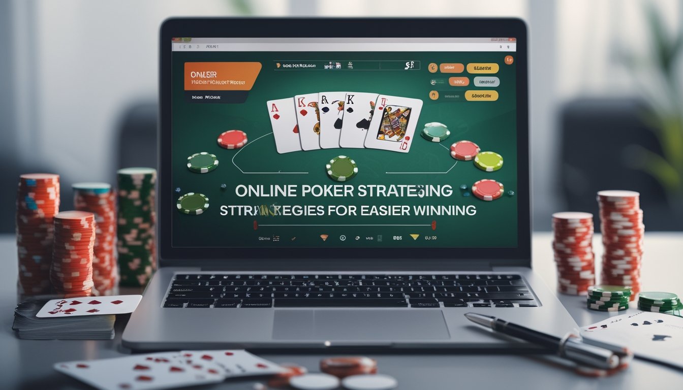 Seorang pemain duduk di depan laptop dengan permainan poker online di layar, dikelilingi oleh chip poker dan kartu remi, menunjukkan suasana belajar strategi poker.