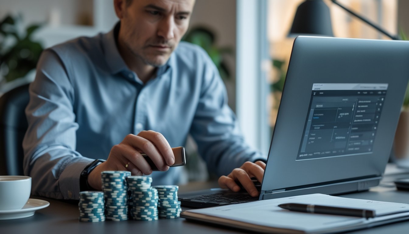 Seorang pria dewasa fokus bermain poker online di depan laptop dengan tumpukan chip poker dan ponsel di meja.