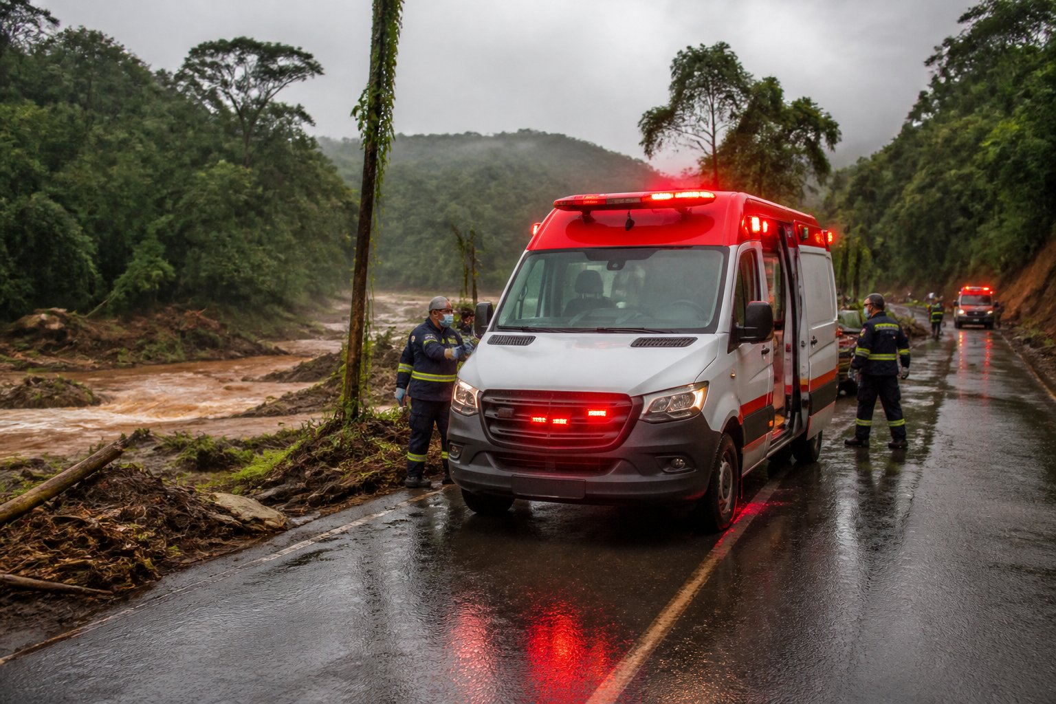 Ambulância com luzes de emergência em uma estrada molhada cercada por vegetação, com equipe médica pronta para atuar em situação de desastre natural.