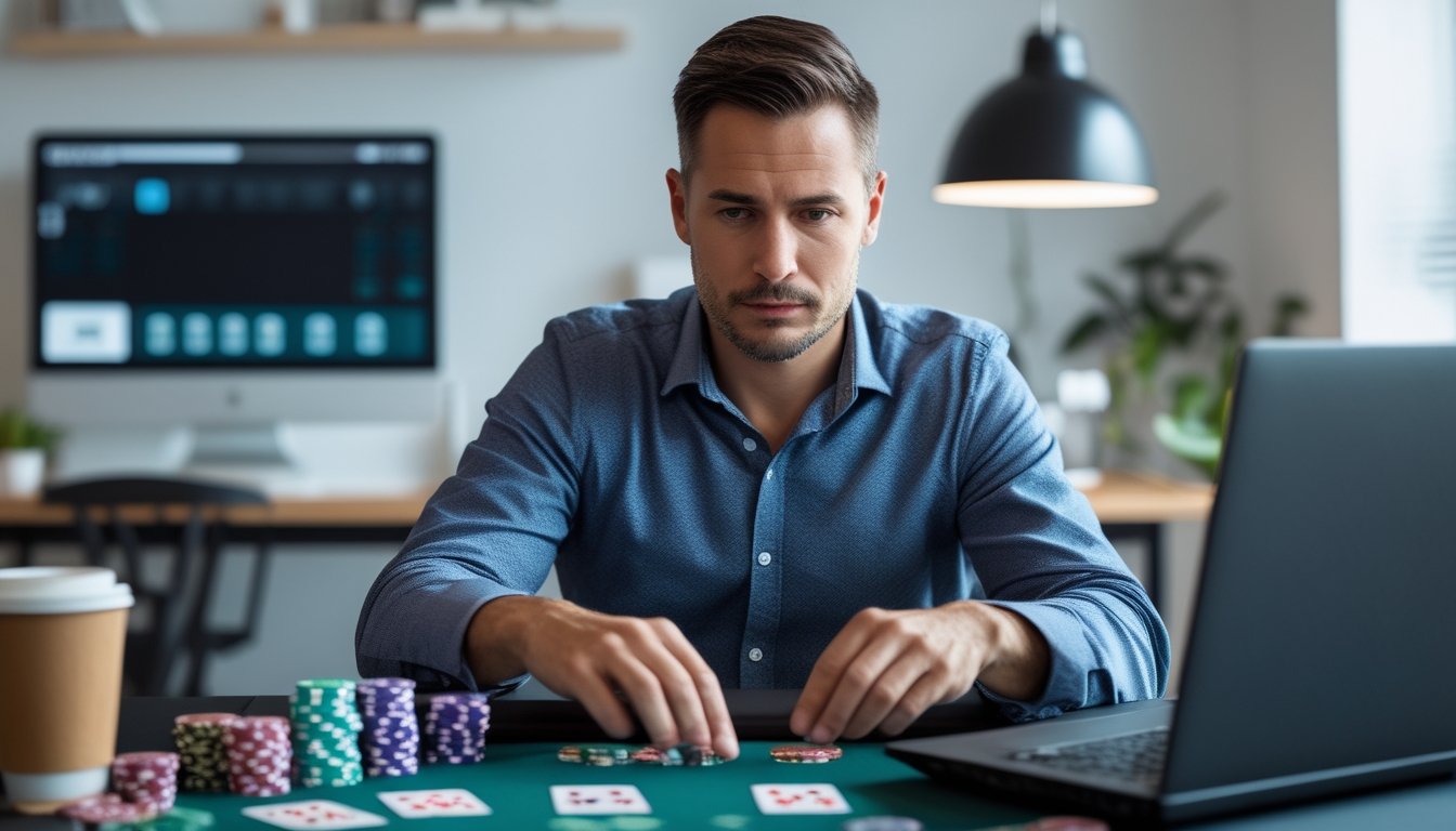 Seorang pria fokus duduk di meja poker dengan chip dan kartu, mengatur modal saat bermain poker online.