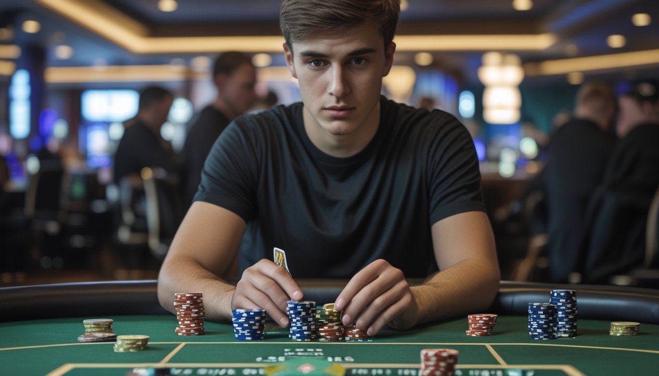 Seorang pemain poker sedang duduk di meja poker dengan ekspresi fokus, memegang kartu dan dikelilingi oleh chip poker di kasino.
