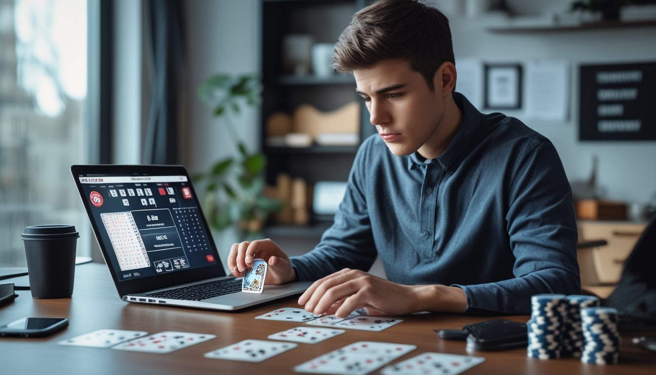Seorang pemain poker online fokus bermain di depan laptop dengan kartu dan chip poker di meja, di ruang kerja modern.