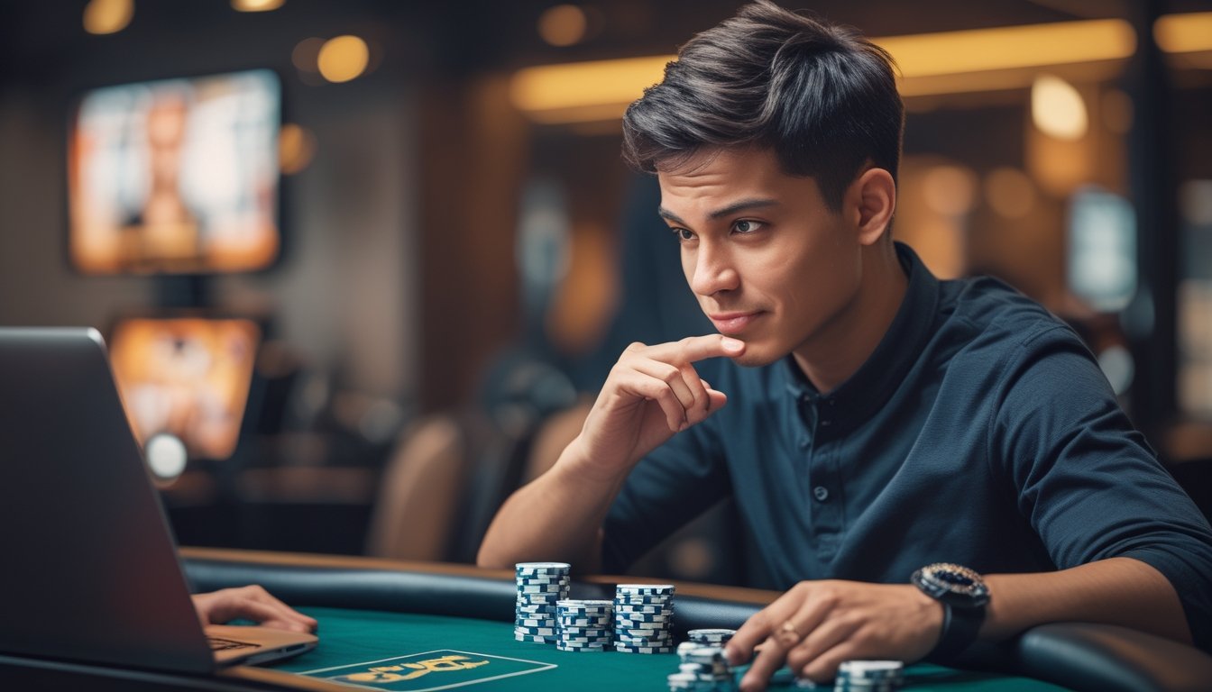 Seorang pemain poker muda duduk di meja poker dengan chip dan laptop, menunjukkan ekspresi tenang saat bermain poker online.
