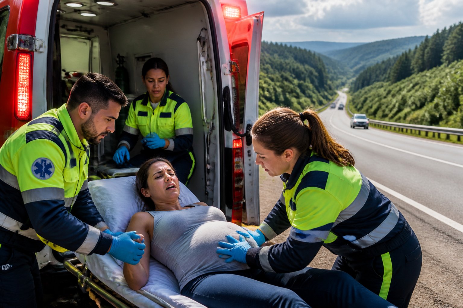 Ambulância parada na rodovia em Candói com paramédicos atendendo uma mulher grávida em trabalho de parto.