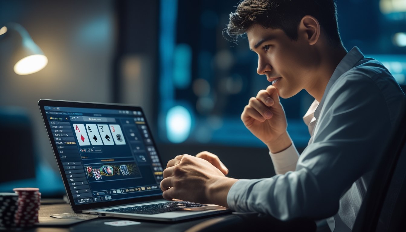Seorang pria muda fokus bermain poker online di depan laptop dengan kartu dan chip poker di mejanya.