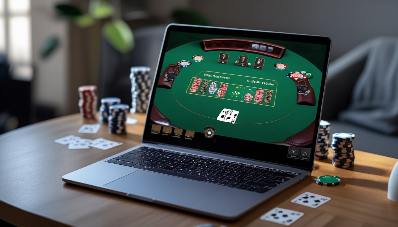 Meja dengan komputer yang menampilkan permainan poker Texas Hold’em online, dikelilingi oleh kartu remi dan tumpukan chip poker.