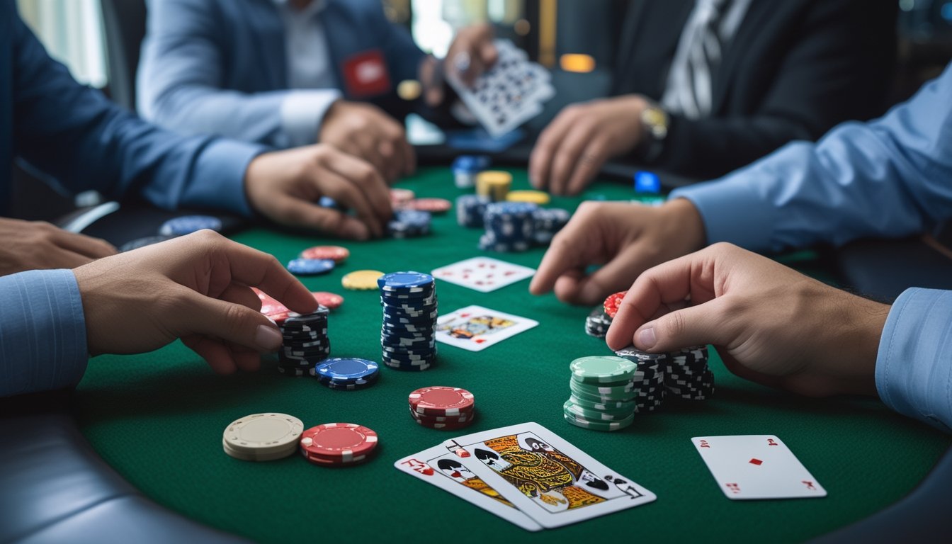 Meja poker dengan pemain yang sedang bermain Texas Hold’em, kartu dan chip tertata rapi di atas meja.