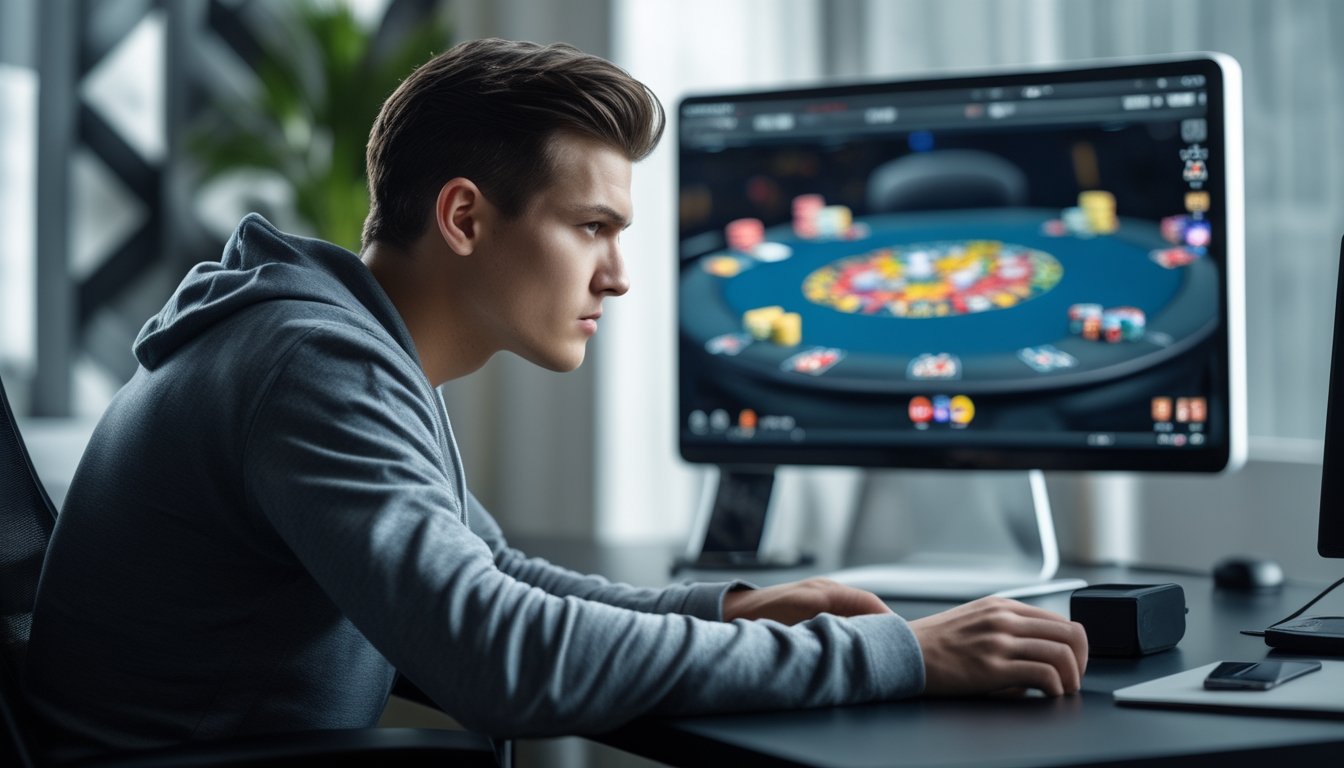 Seorang pria muda fokus bermain poker online di depan komputer di ruang kerja modern.