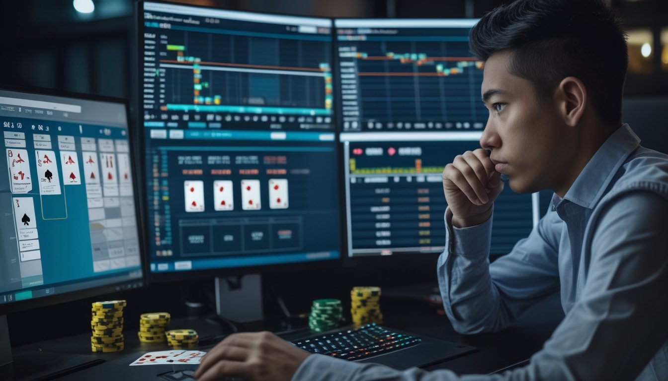 Seorang pemain poker online sedang fokus menganalisis pola permainan lawan di depan beberapa layar komputer.