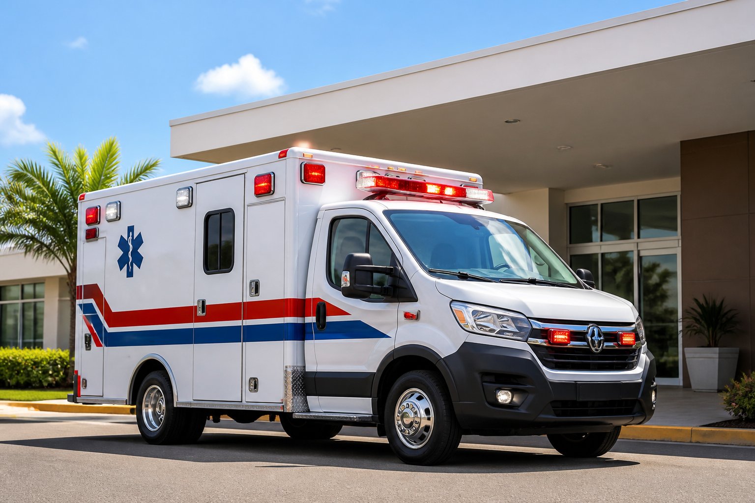 Ambulância moderna estacionada em frente a uma unidade de saúde em Saudade do Iguaçu, com céu claro e áreas verdes ao fundo.