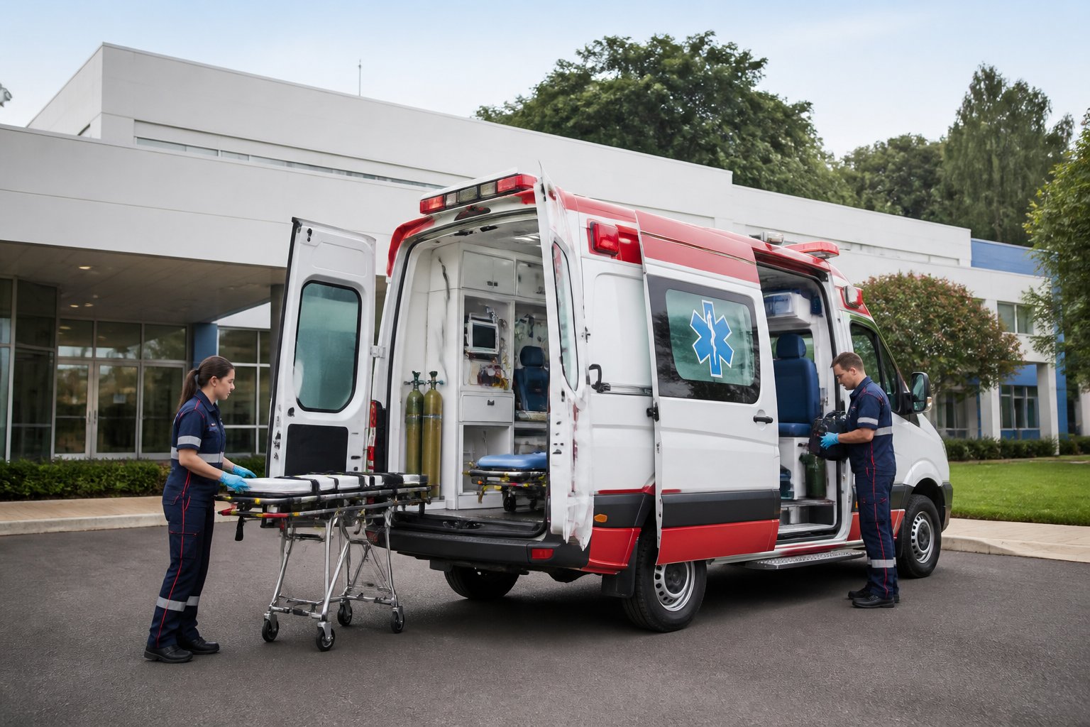 Ambulância de suporte avançado de vida estacionada em frente a um hospital, com paramédicos preparando equipamentos médicos.