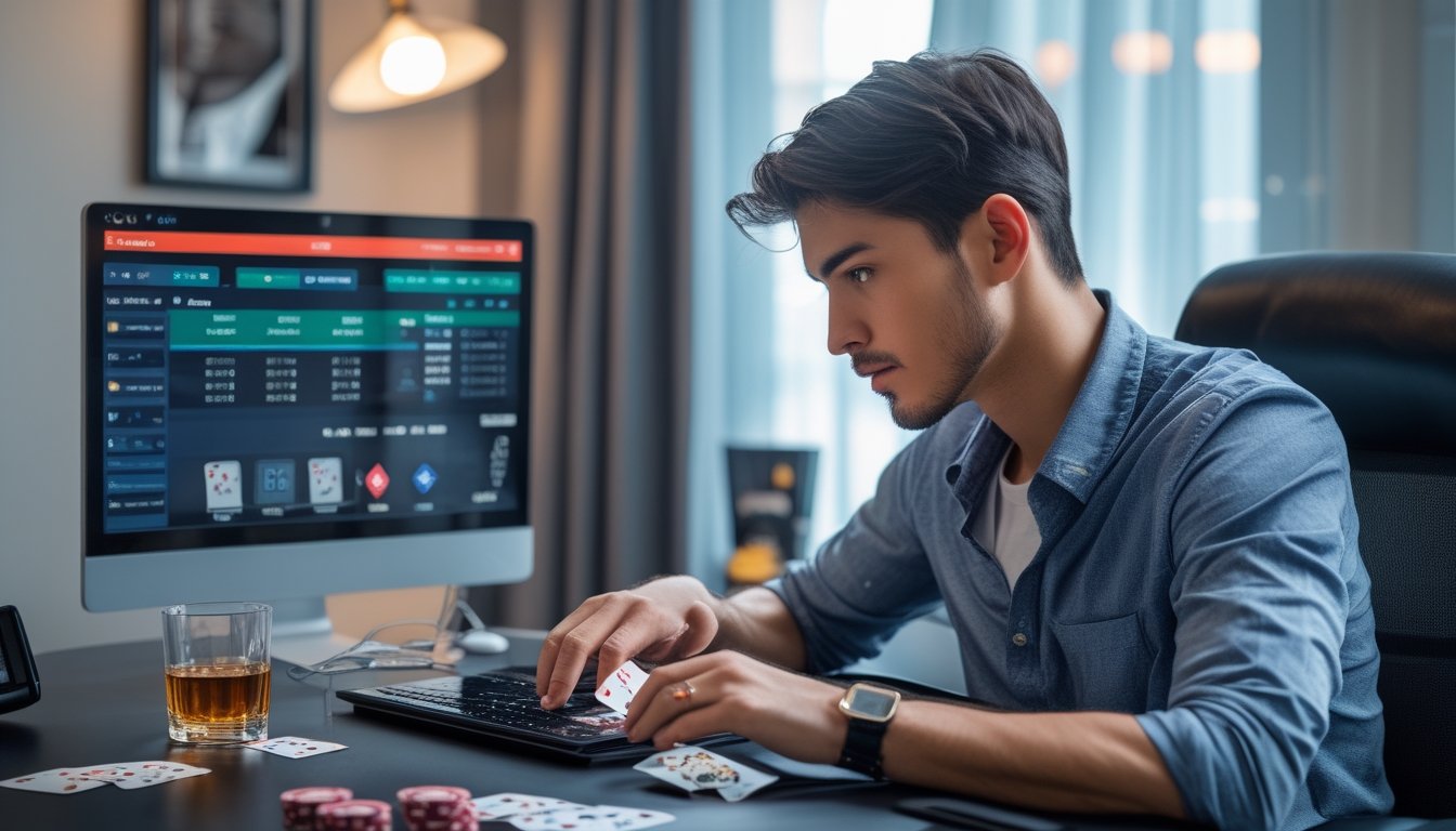Seorang pria muda duduk di meja dengan laptop, fokus bermain poker online di ruang kerja yang rapi.
