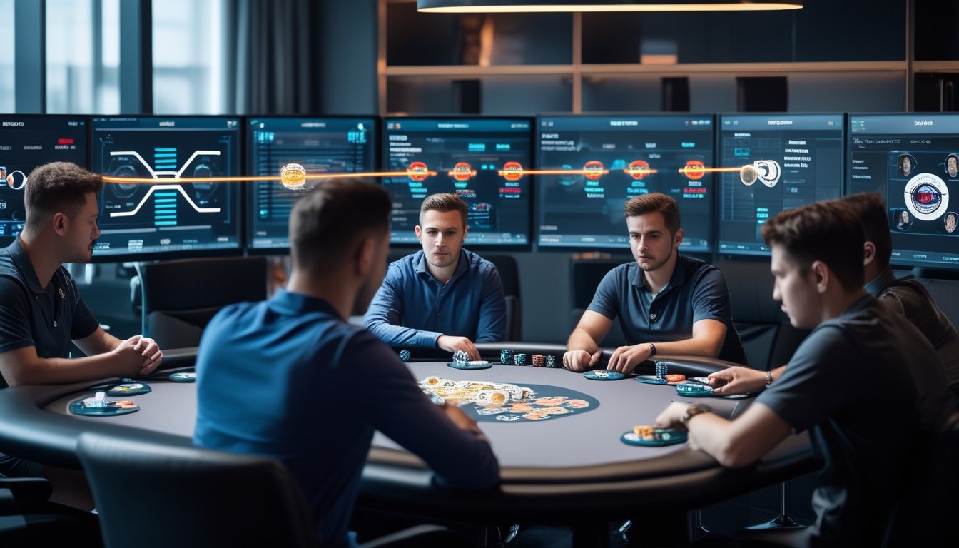 Beberapa pemain poker online serius duduk di depan layar komputer dengan kartu dan chip di meja, fokus pada permainan dan strategi.