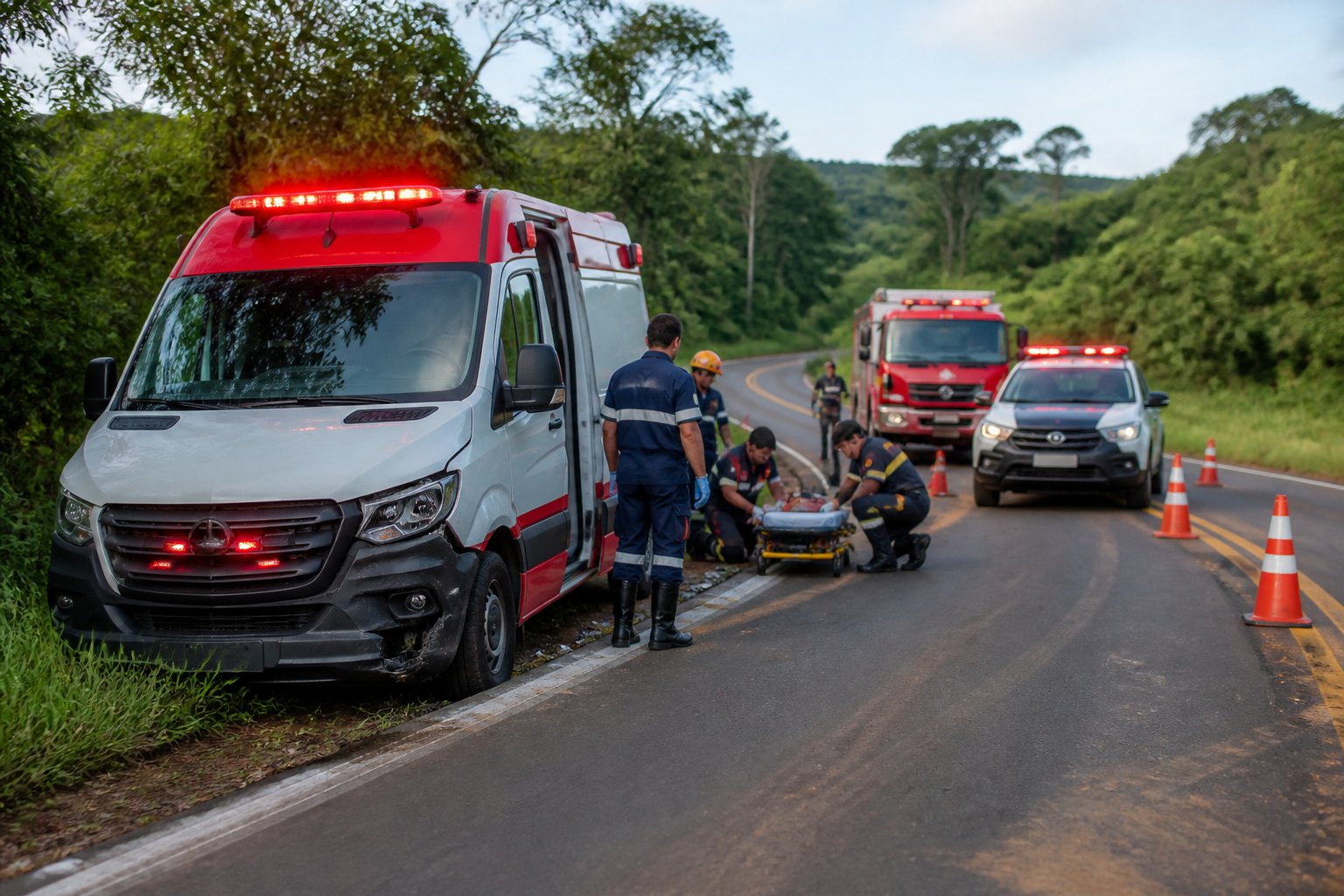 Ambulância em São Jorge d'Oeste: Serviços de Emergência Médica e Atendimento Rápido na Região Cena de um acidente envolvendo uma ambulância parada na rodovia PR-493, com socorristas e veículos de emergência no local, rodeados por vegetação verde.
