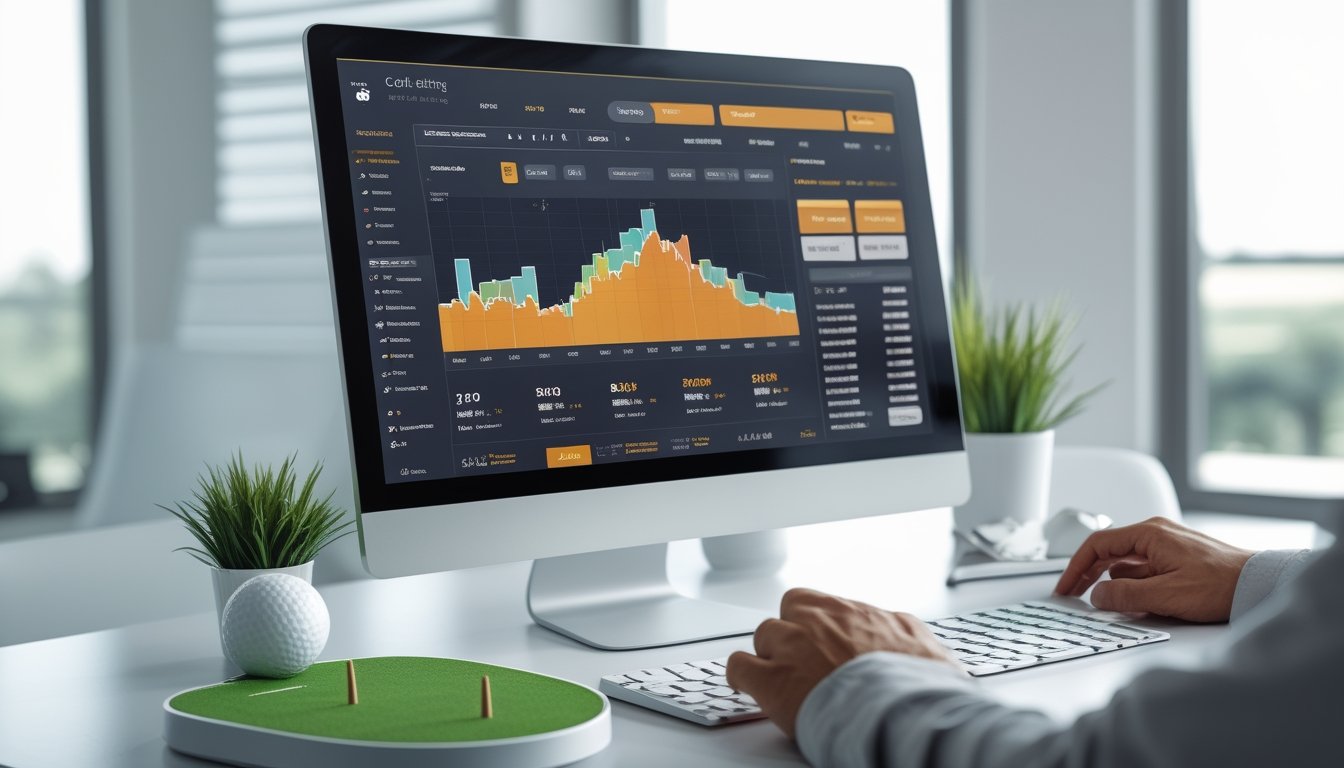 Seorang pengguna sedang menggunakan komputer dengan tampilan platform taruhan golf online yang lengkap dan terbaru di sebuah kantor yang terang.