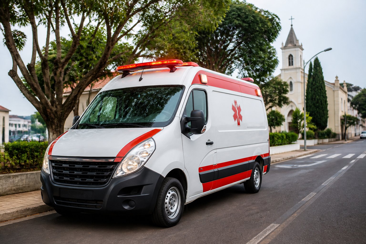 Ambulância em São Jorge d'Oeste: Serviços de Emergência Médica e Atendimento Rápido na Região Uma ambulância moderna em uma rua urbana limpa em São Jorge d'Oeste, com elementos locais visíveis ao fundo.
