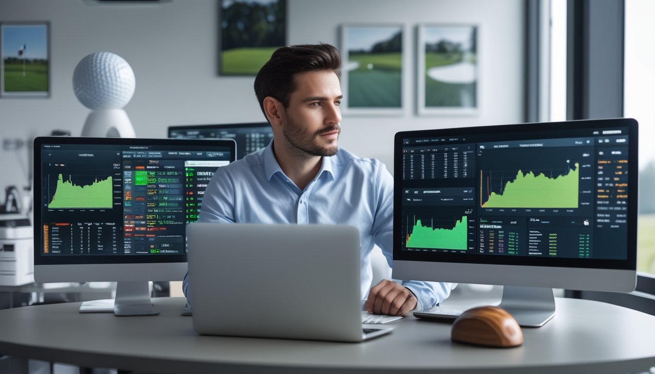 Seorang pria duduk di meja dengan beberapa perangkat digital yang menampilkan data taruhan golf secara online.