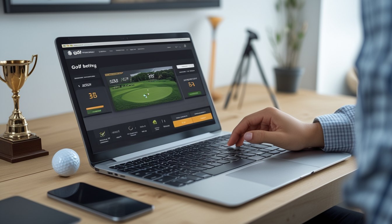 Seseorang menggunakan laptop di meja dengan bola golf dan tee, menampilkan situs taruhan golf online dengan odds terbaik.