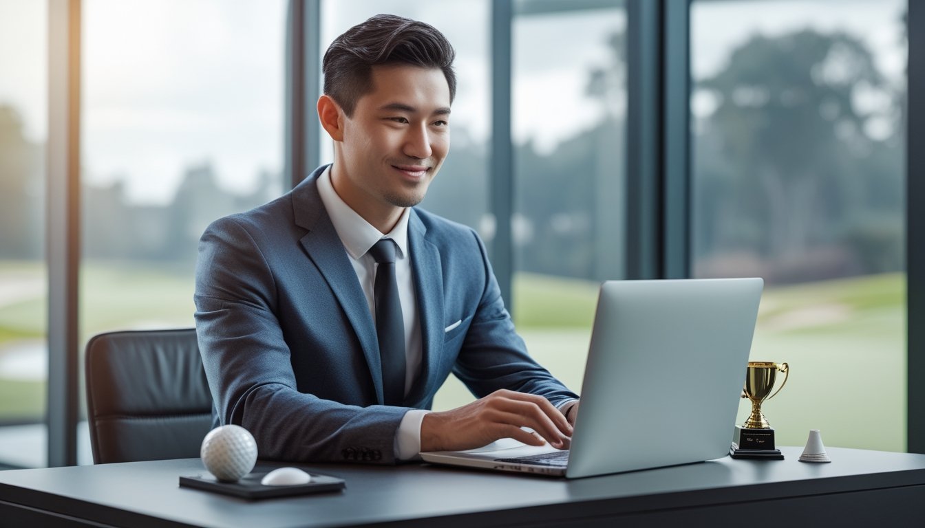Seorang pria Asia mengenakan pakaian profesional sedang menggunakan laptop di kantor modern dengan perlengkapan golf di meja dan pemandangan lapangan golf di latar belakang.