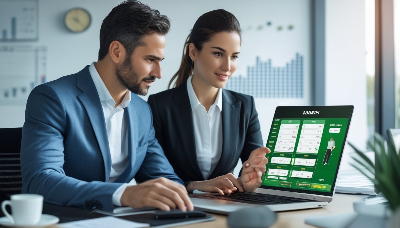Seorang pria dan wanita berdiskusi di kantor modern dengan laptop yang menampilkan grafik golf dan taruhan.