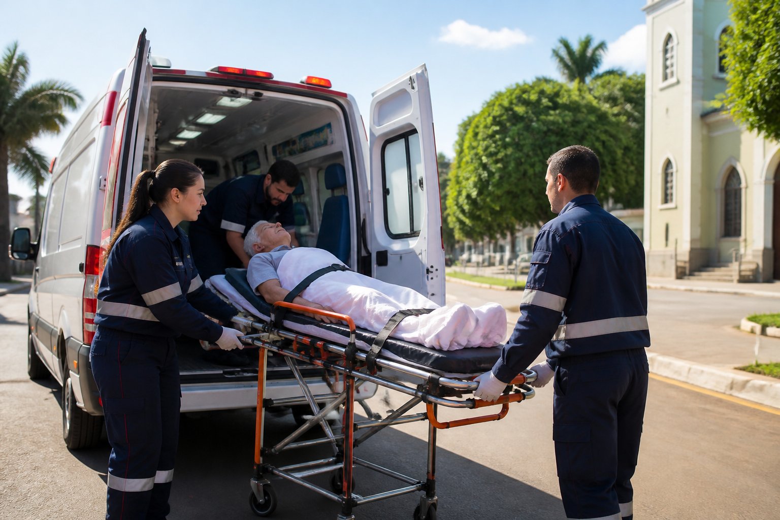 Ambulância estacionada em uma rua de Verê com profissionais de saúde ajudando um paciente em uma maca.