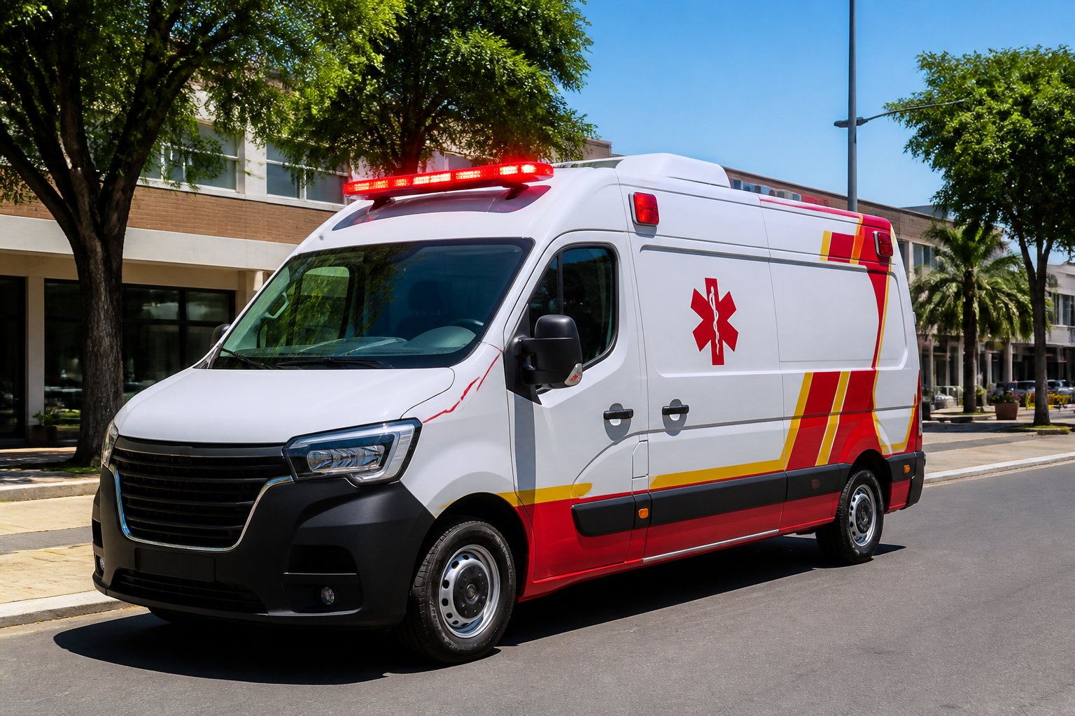 Ambulância branca com marcas vermelhas e amarelas estacionada em uma rua urbana de Verê, com árvores e prédios ao fundo em um dia ensolarado.