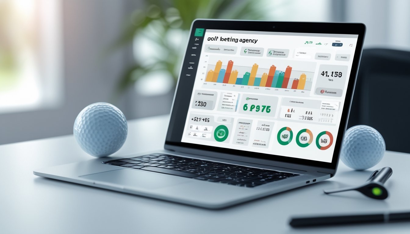 Layar laptop menampilkan skor golf langsung dan statistik lengkap dengan bola dan tongkat golf di meja.