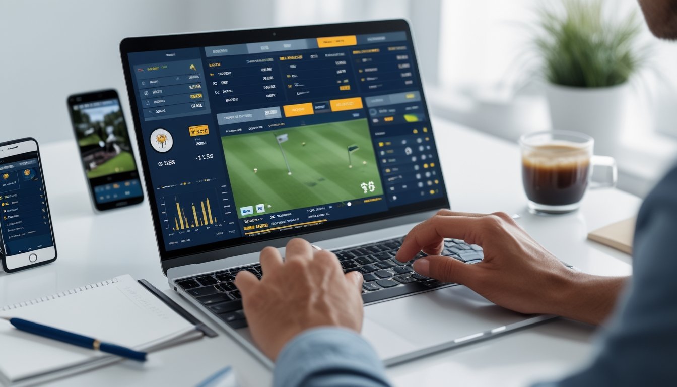Seseorang menggunakan laptop yang menampilkan skor langsung dan statistik pertandingan golf online di ruang kerja yang terang.
