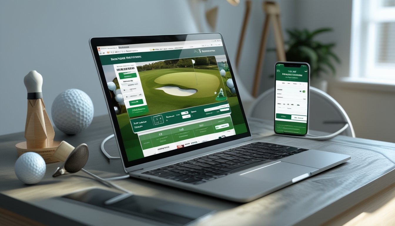 Meja kerja dengan laptop dan ponsel yang menampilkan situs taruhan golf online dan konfirmasi transaksi cepat.