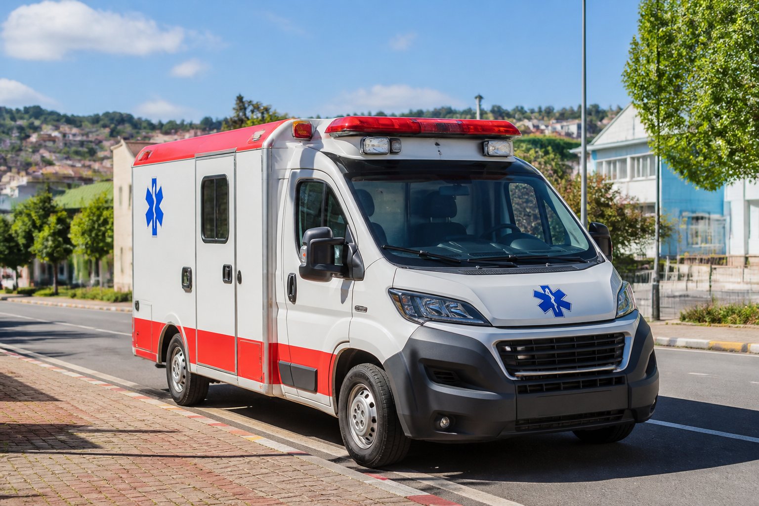 Ambulância em Chopinzinho: Serviços de Emergência e Transporte Médico na Cidade Uma ambulância parada em uma rua de uma pequena cidade, com prédios e árvores ao redor.