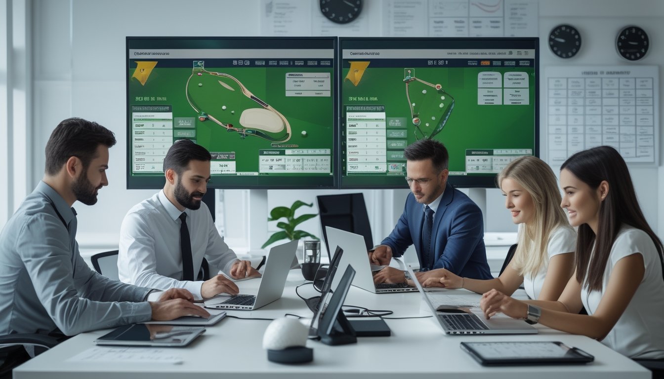 Sekelompok profesional sedang bekerja dengan komputer dan perangkat digital di kantor modern yang terang, menampilkan aktivitas terkait taruhan golf online dengan transaksi cepat.