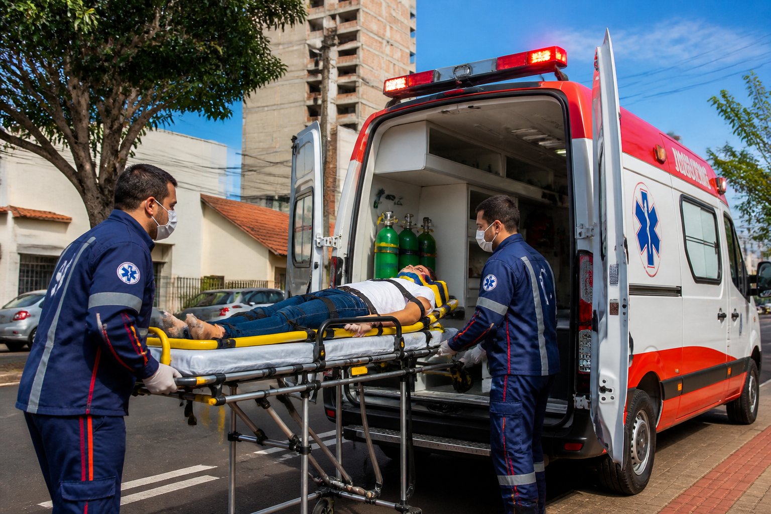 Ambulância em Chopinzinho: Serviços de Emergência e Transporte Médico na Cidade Ambulância estacionada na rua em Chopinzinho com paramédicos ajudando um paciente em uma maca.