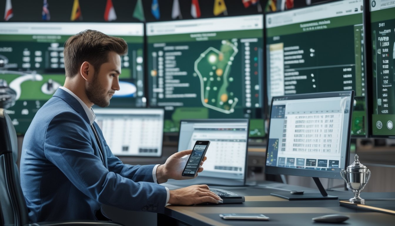 Seorang profesional sedang bekerja di meja dengan beberapa monitor yang menampilkan turnamen golf dunia dan data taruhan.
