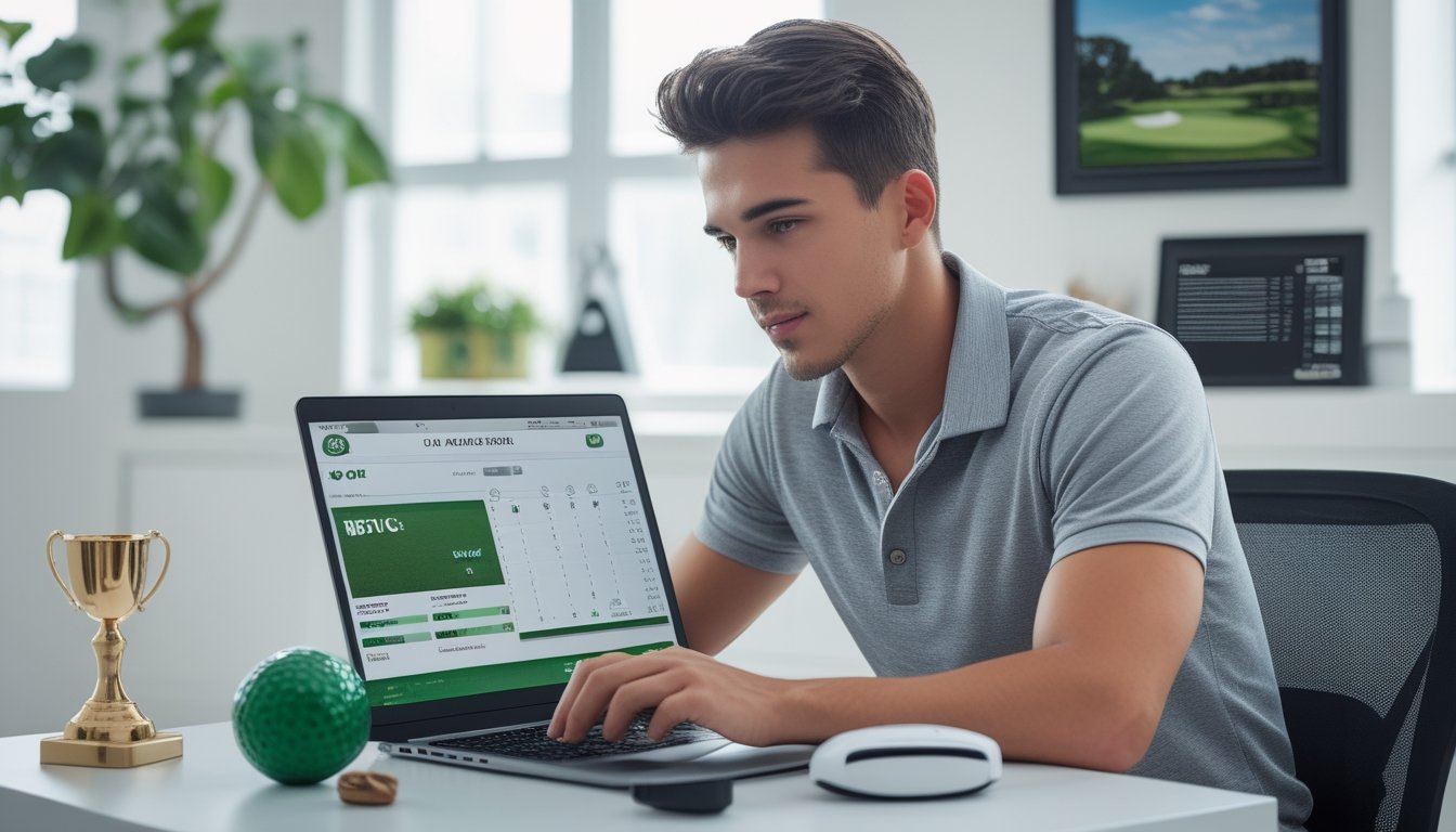 Seorang pria muda duduk di meja kerja dengan laptop yang menampilkan situs taruhan golf online, dikelilingi oleh barang-barang bertema golf di ruangan yang terang.