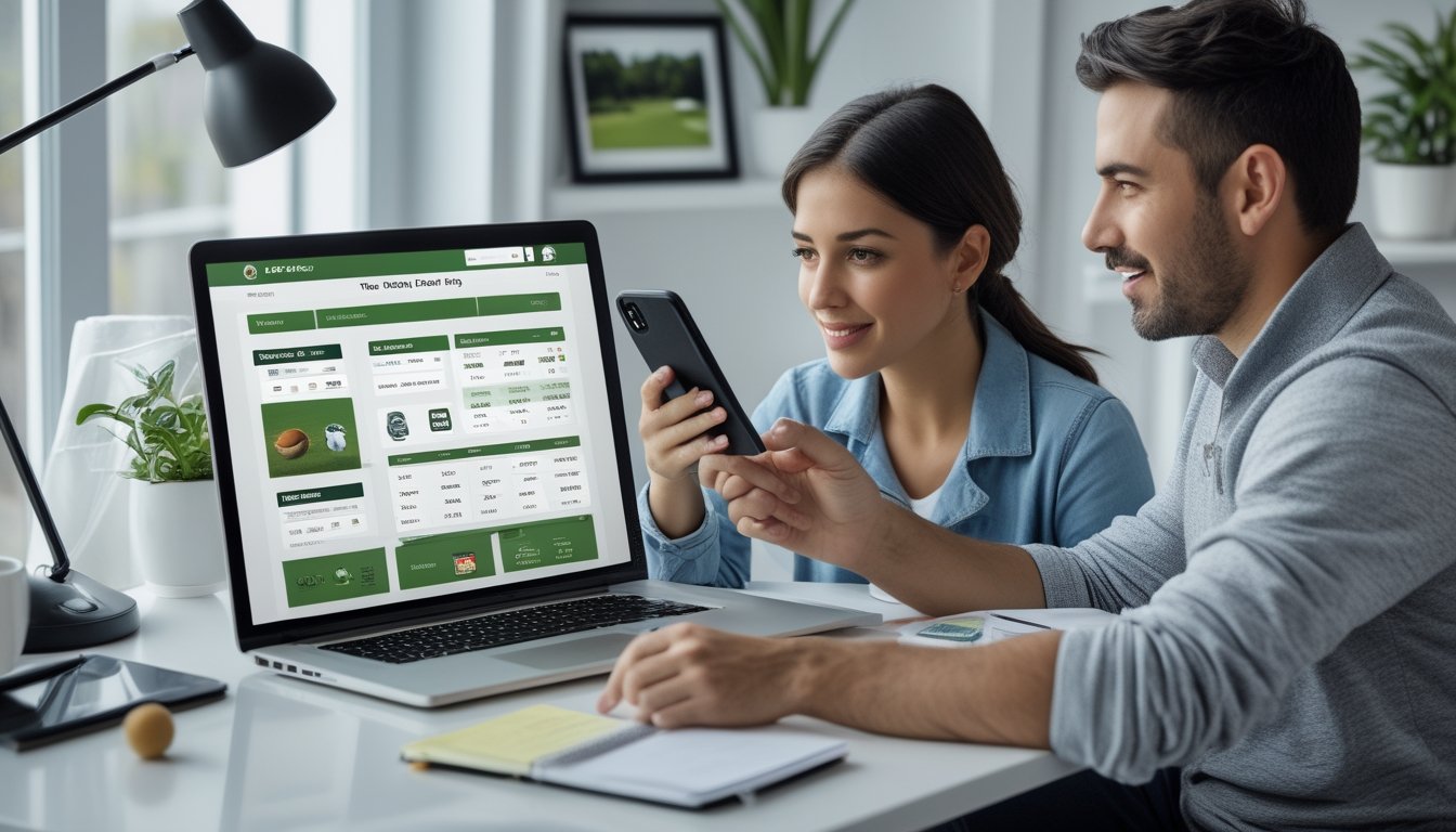 Seorang pria dan wanita muda duduk di meja dengan laptop dan ponsel, sedang belajar tentang taruhan golf online.