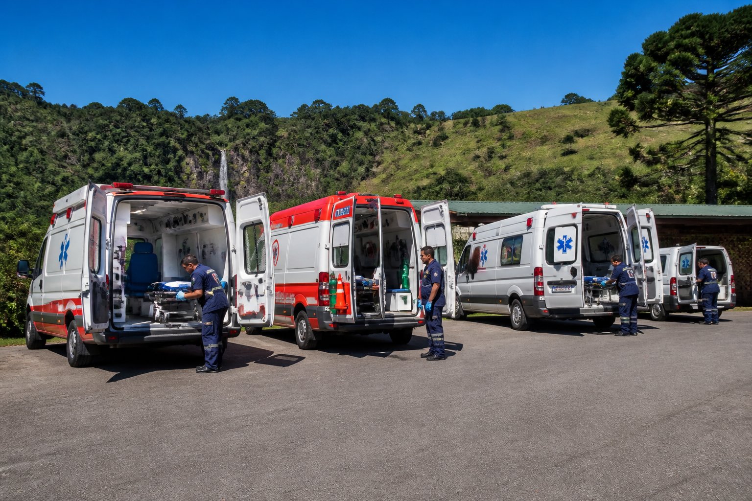 Ambulância em Foz do Jordão: Serviços de Emergência e Transporte Médico na Região Vários tipos de ambulâncias estacionadas ao ar livre em Foz do Jordão, com paramédicos próximos e colinas verdes ao fundo.