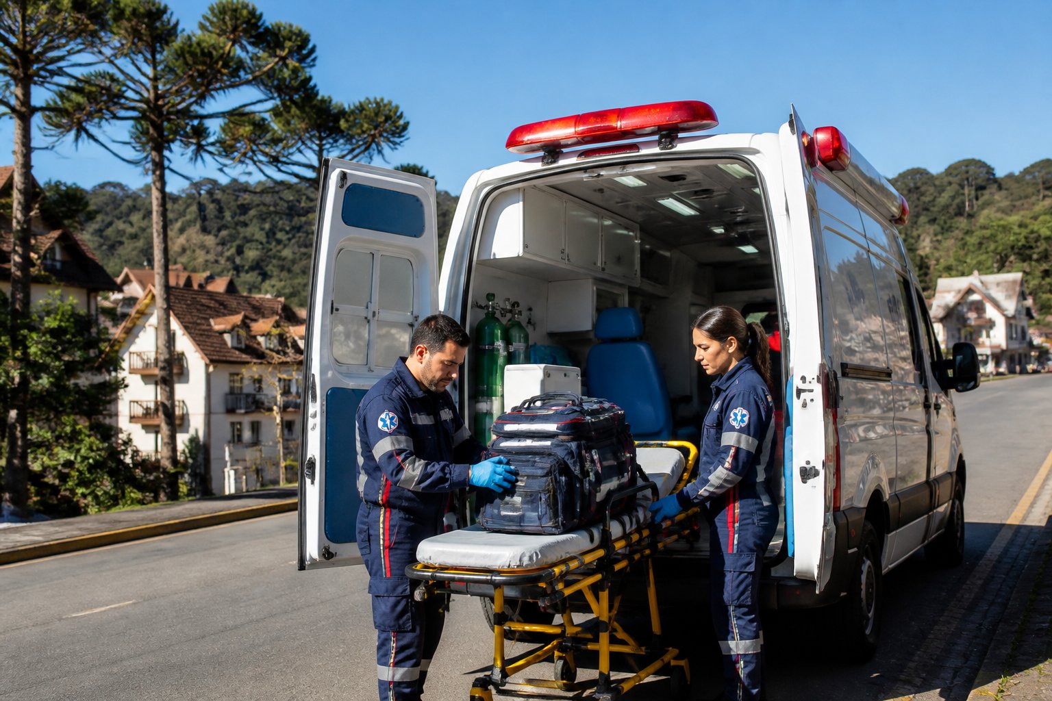 Ambulância em Foz do Jordão: Serviços de Emergência e Transporte Médico na Região Ambulância estacionada em uma rua de Foz do Jordão com paramédicos preparando equipamentos médicos ao lado do veículo.