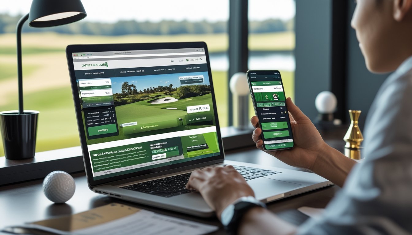 Seseorang menggunakan laptop dan ponsel untuk bermain taruhan golf online dengan latar belakang lapangan golf.