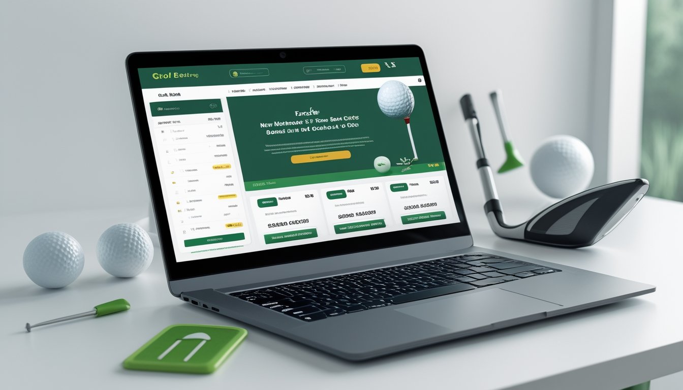 Meja kerja dengan laptop yang menampilkan situs taruhan golf online, dikelilingi bola golf dan tongkat golf.