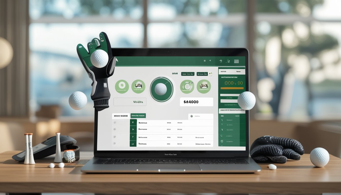 Layar laptop menampilkan antarmuka agen taruhan golf online dengan akses deposit dan penarikan instan, dikelilingi oleh perlengkapan golf di atas meja kayu di dalam ruangan kantor yang terang.
