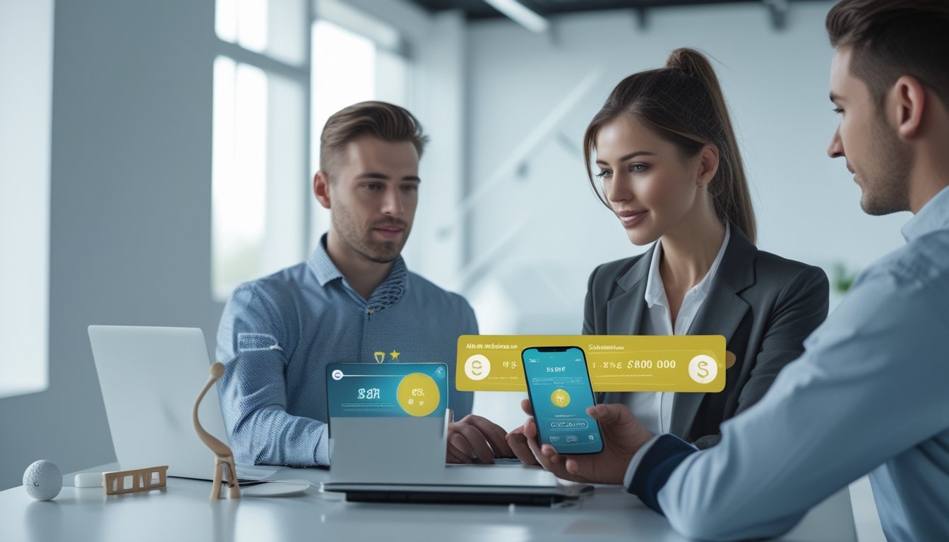 Seorang pria dan wanita muda menggunakan laptop dan ponsel di kantor modern dengan dekorasi golf, menunjukkan transaksi deposit dan penarikan instan pada platform taruhan golf online.