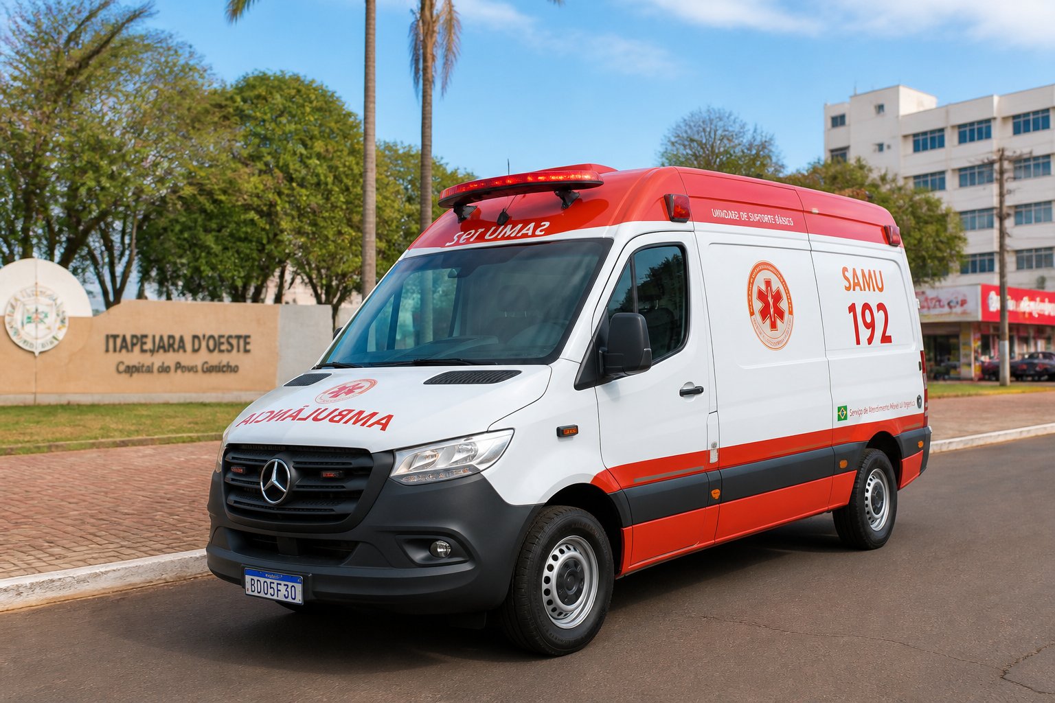 Ambulância em Itapejara d'Oeste: Serviços de Emergência Médica e Atendimento Rápido na Região Ambulância estacionada em uma rua de Itapejara d'Oeste, com prédios e árvores ao fundo.